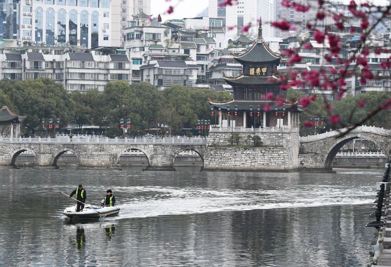 河道疏撈工人正在甲秀樓河段清理水草及水體漂浮物。